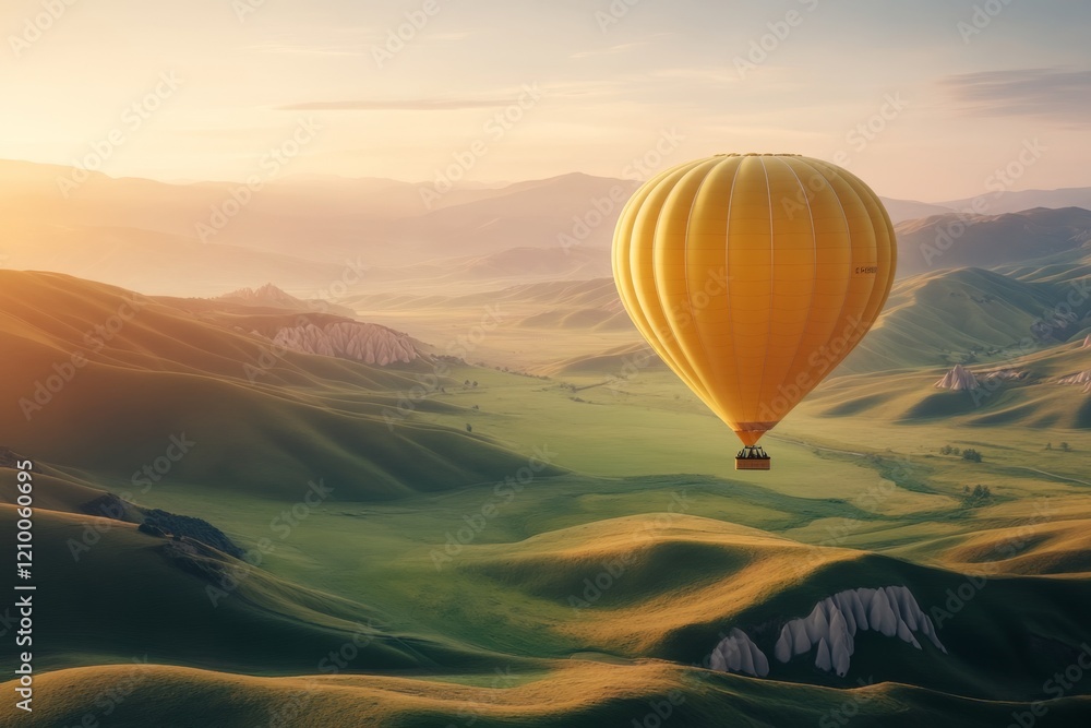 Fototapeta premium A bright yellow hot air balloon floating over rolling green hills on a sunny day