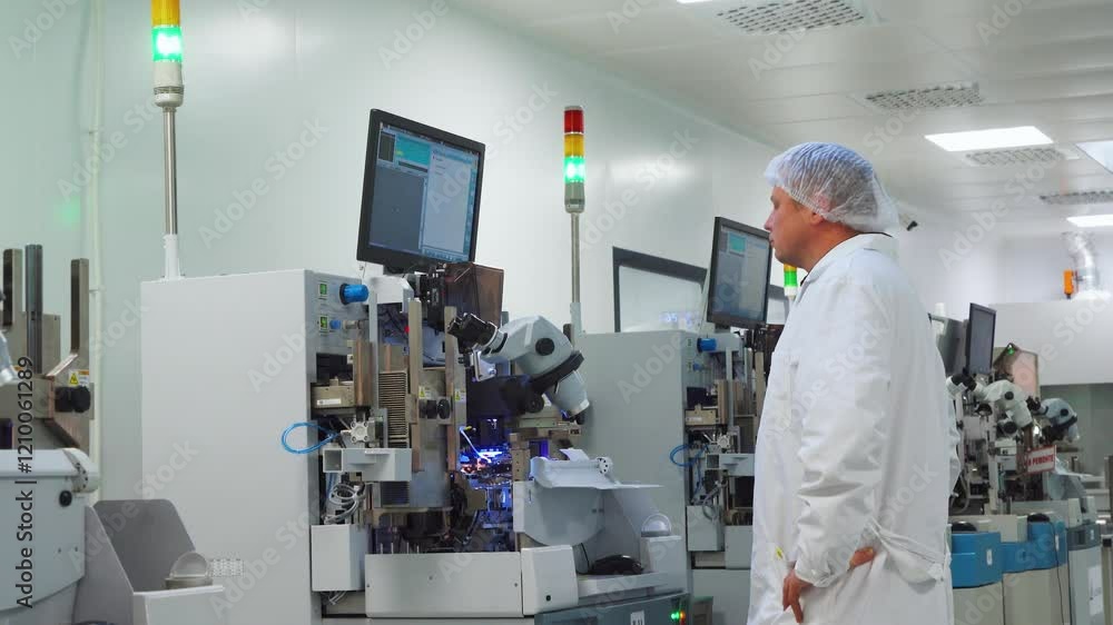 Production line of high-tech diodes, transistors, microcircuits, chips. An engineer specialist worker technician at a modern chip factory controls process production chips. High-tech machine Production line of high-tech diodes, transistors, microcircuits, chips. An engineer specialist worker technician at a modern chip factory controls process production chips. High-tech machine