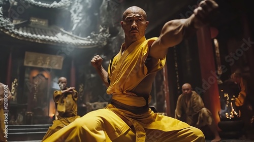 Shaolin Monk in Yellow Robe Practicing Kung Fu in Ancient Temple