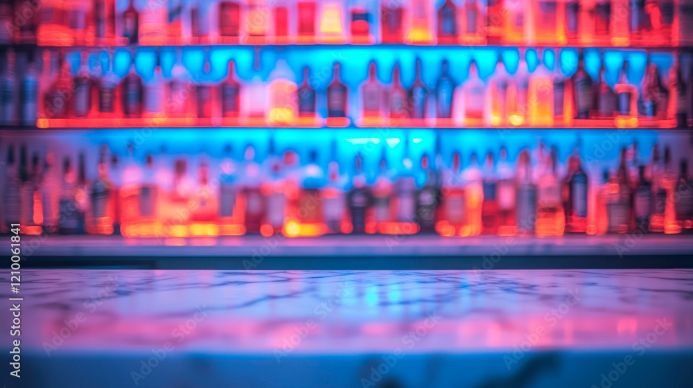 Bar counter and alcohol bottles with neon lighting Bar counter and alcohol bottles with neon lighting