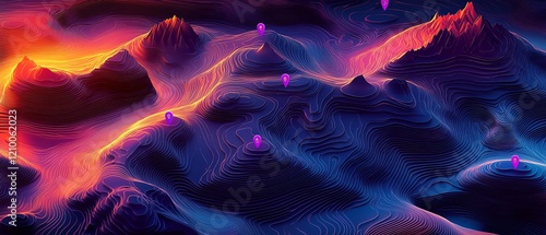 Abstract landscape with hilly formations and purple markers marking key locations, displayed over a topographical maplike view with swirling curves photo