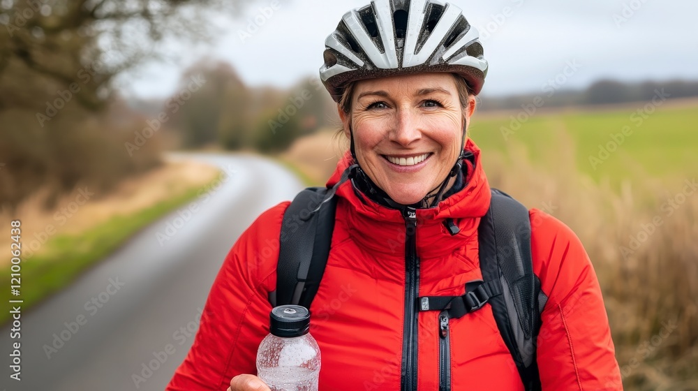 Cheerful Cyclist in Red Jacket with Helmet on a Countryside Path Cheerful Cyclist in Red Jacket with Helmet on a Countryside Path