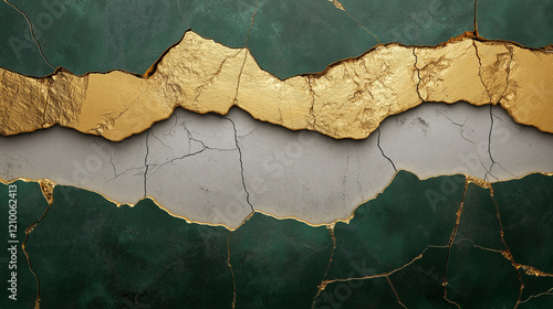 abstract background with different layers of dark forest green matte marble material, grey and gold intertwined with tiny golden veins 