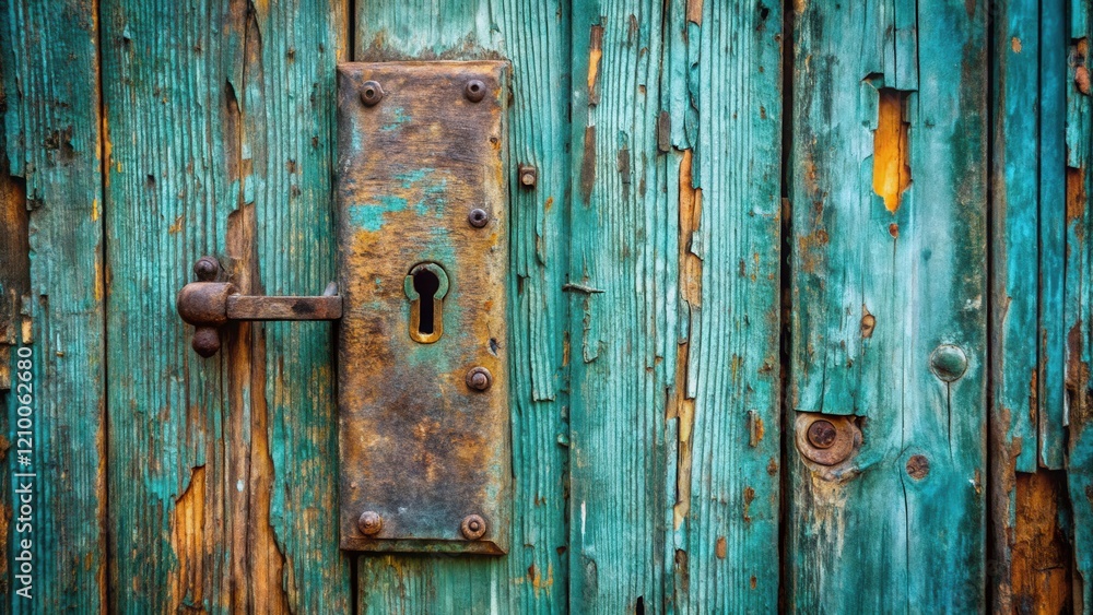 Rustic Weathered Teal Wooden Door with Antique Metal Lock and Latch Detail Rustic Weathered Teal Wooden Door with Antique Metal Lock and Latch Detail