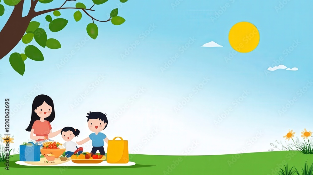 Naklejka premium Family Enjoying a Sunny Day with Fresh Fruits and Vegetables in Park