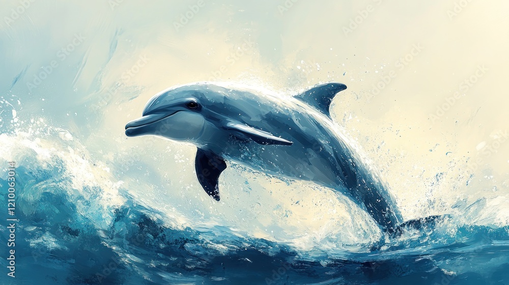 Fototapeta premium Dolphin leaping ocean waves sunrise; marine wildlife art