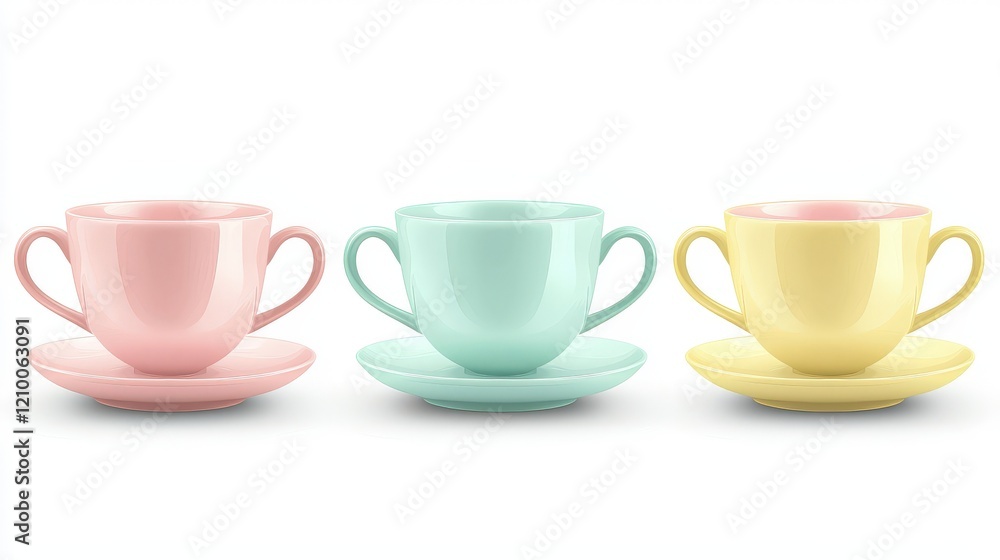 Cute Pastel Teacups in Pink, Yellow, and Teal on White Background for Charming Clip Art or Vector Design Projects Cute Pastel Teacups in Pink, Yellow, and Teal on White Background for Charming Clip Art or Vector Design Projects