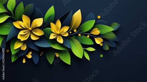 Vibrant spring floral design featuring navy blue and gold accents with lush greenery