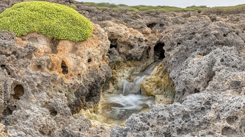 Coastal rocky pool waterfall, plant, ocean background, nature, tourism photo