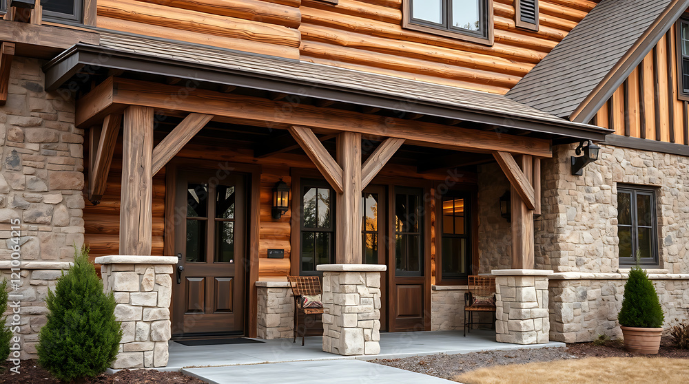 Rustic Log Cabin Home with Stone Exterior and Modern Design.Luxury Real Estate, Architectural Design, Timber Frame, Modern Home Rustic Log Cabin Home with Stone Exterior and Modern Design.Luxury Real Estate, Architectural Design, Timber Frame, Modern Home