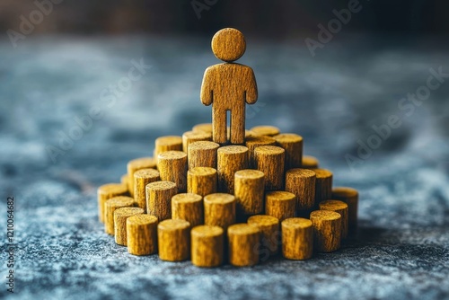 Reaching the Peak: A symbolic wooden figure stands atop a pyramid of smaller cylinders, representing achievement, leadership, and the culmination of effort.   photo