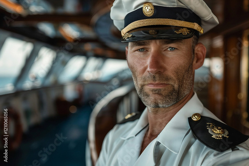 Generative AI image of confident ship captain aboard cruise liner, showcasing marine travel themes photo