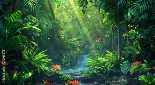 Fototapeta Naklejka Na Ścianę i Meble -  Lush green tropical rainforest with a small stream flowing through it, sunlight shining through the canopy, creating a magical atmosphere.