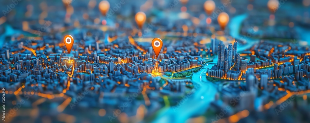 Miniature city represented as a digital map, with location markers placed on key points, offering a topdown view with sharp details and vibrant color highlights Miniature city represented as a digital map, with location markers placed on key points, offering a topdown view with sharp details and vibrant color highlights
