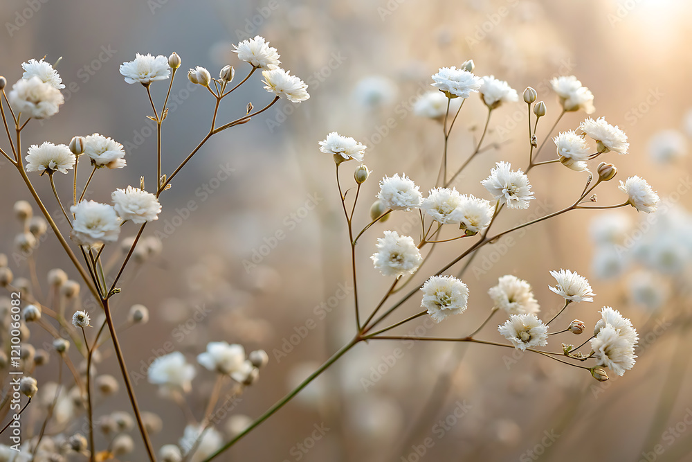 Dry Gypsophila flowers, delicate white blooms captured in a soft macro view