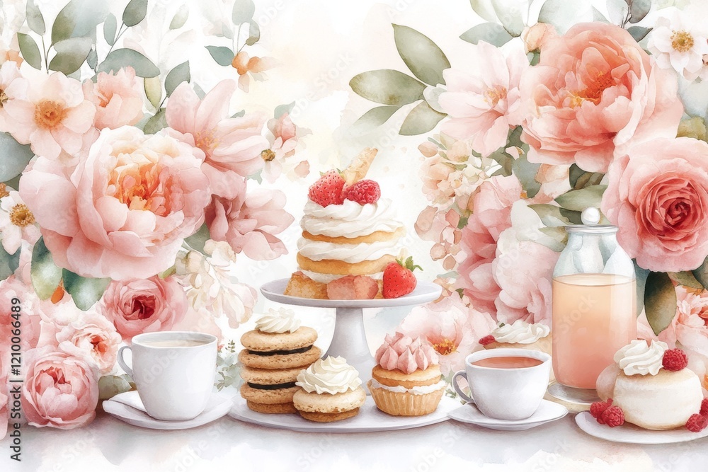 A dreamy watercolor scene of a picnic table filled with desserts, including cookies, cakes, and tea, surrounded by delicate flowers