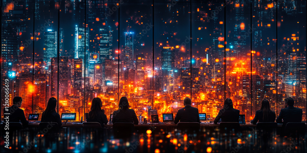 Fototapeta premium Business Networking Concept Overlooking Illuminated Cityscape for Strategic Peer Connections