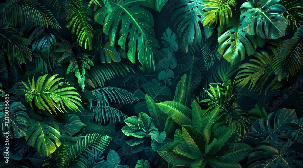 A dense, lush jungle scene with vibrant green foliage, creating a tropical backdrop. A dense, lush jungle scene with vibrant green foliage, creating a tropical backdrop.