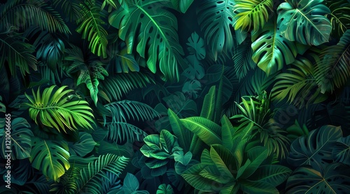 Fototapeta Naklejka Na Ścianę i Meble -  A dense, lush jungle scene with vibrant green foliage, creating a tropical backdrop.
