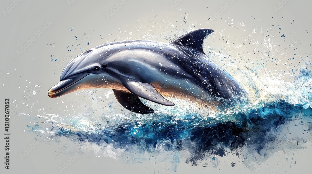 Fototapeta premium Dolphin leaping ocean wave splash grey background marine wildlife poster