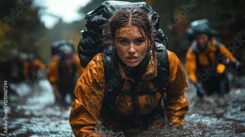 Fototapeta Naklejka Na Ścianę i Meble -  Woman leads team through muddy river, forest background, survival training