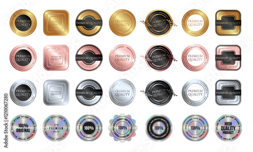 Big set of square and round golden, silver, rose gold and holographic sticker, label, badge, icon, logo for Premium quality products. Vector illustration