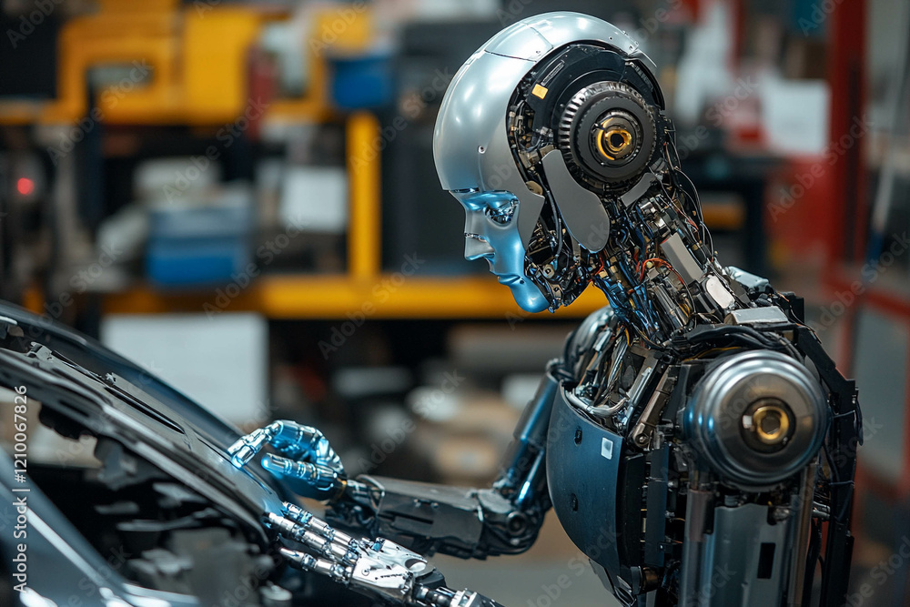 A humanoid robot with a metallic body and intricate internal components is inspecting a car engine in a workshop. The background features blurred industrial equipment. A humanoid robot with a metallic body and intricate internal components is inspecting a car engine in a workshop. The background features blurred industrial equipment.