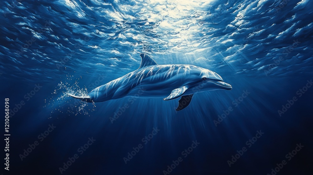 Fototapeta premium Dolphin swimming underwater, sunbeams, ocean, marine life, nature, peaceful scene, poster