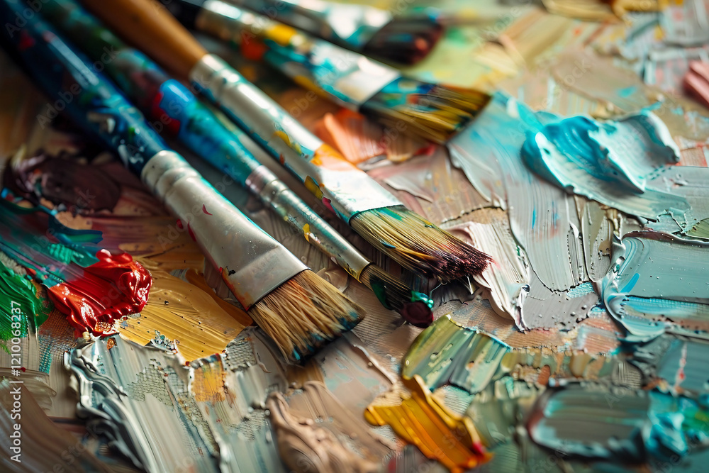 Generative AI image of talented artist passionately painting with vibrant colors on a large canvas in an art studio Generative AI image of talented artist passionately painting with vibrant colors on a large canvas in an art studio
