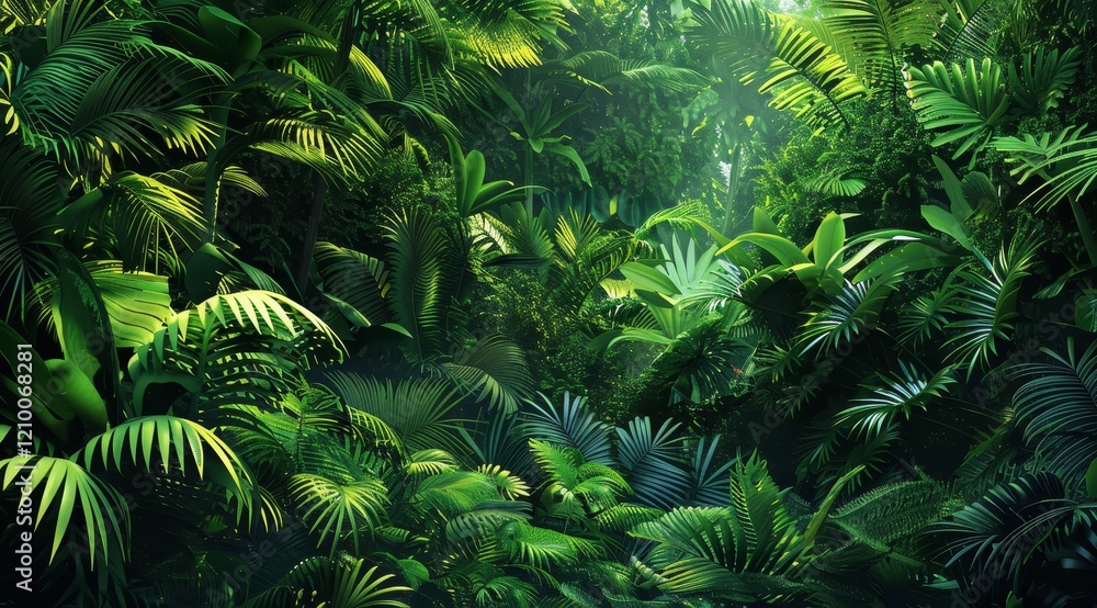 Fototapeta premium Lush tropical rainforest with sunlight streaming through the foliage.
