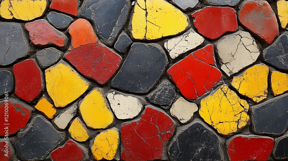 Abstract Stone Mosaic: A close-up view of a colorful stone mosaic wall, showcasing an intricate pattern of red, yellow, black, and white irregular shaped stones. Abstract Stone Mosaic: A close-up view of a colorful stone mosaic wall, showcasing an intricate pattern of red, yellow, black, and white irregular shaped stones.