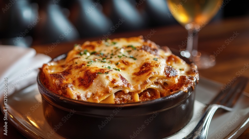 A serving of lasagna with layers of pasta, meat, and cheese, baked to perfection A serving of lasagna with layers of pasta, meat, and cheese, baked to perfection