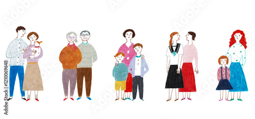 手描きイラスト　様々な世代の世代家族のセット