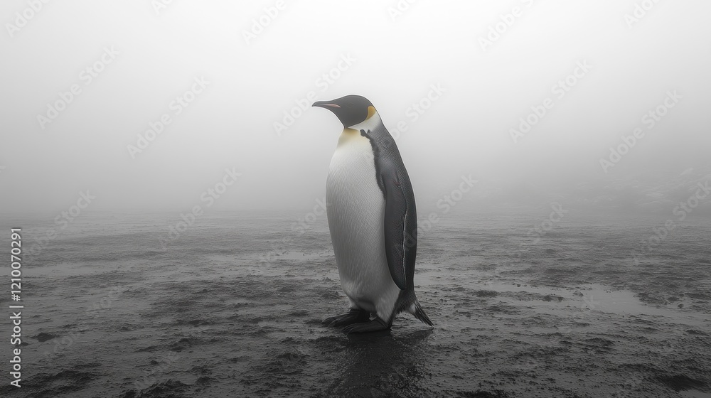 Obraz premium Antarctic King Penguin fog landscape wildlife solitude