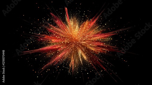 Cosmic explosion of red and gold particles, supernova effect, high-energy scene, black background, dynamic and powerful