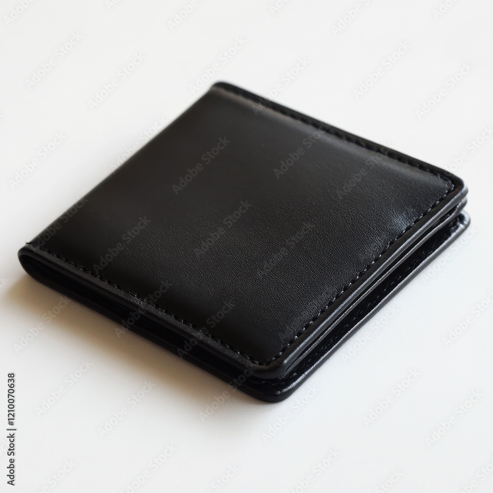 Black leather wallet resting on a flat surface, showcasing its sleek design and compact size for modern use Black leather wallet resting on a flat surface, showcasing its sleek design and compact size for modern use