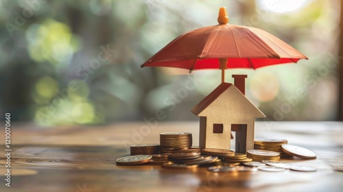 Wallpaper Mural Model of umbrella with house and coins on wooden table concept of the system of insurance savings and the cost of health insurance  Torontodigital.ca