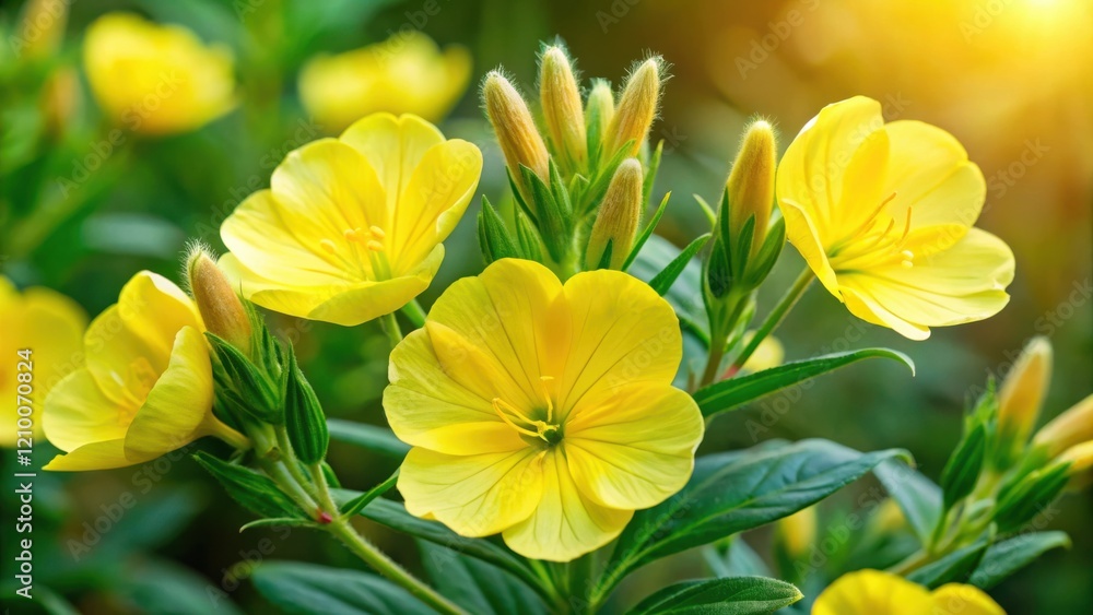 Obraz premium Vibrant Yellow Flowers Blooming in Sunlight A Close-Up View of Delicate Petals and Green Foliage