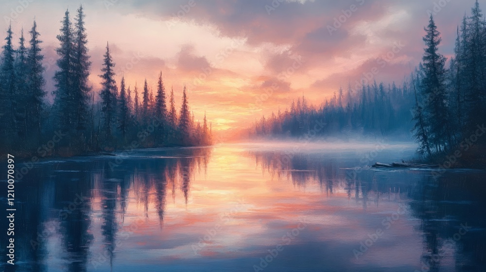 Fototapeta premium Serene Sunset Over Still Water and Pine Trees