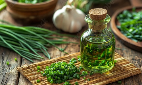 Pandan essential oil in a glass bottle displayed on a wooden surface, accompanied by fresh pandan leaves photo