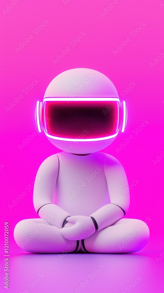 A futuristic humanoid figure with a glowing helmet sitting in a tranquil position. A futuristic humanoid figure with a glowing helmet sitting in a tranquil position.