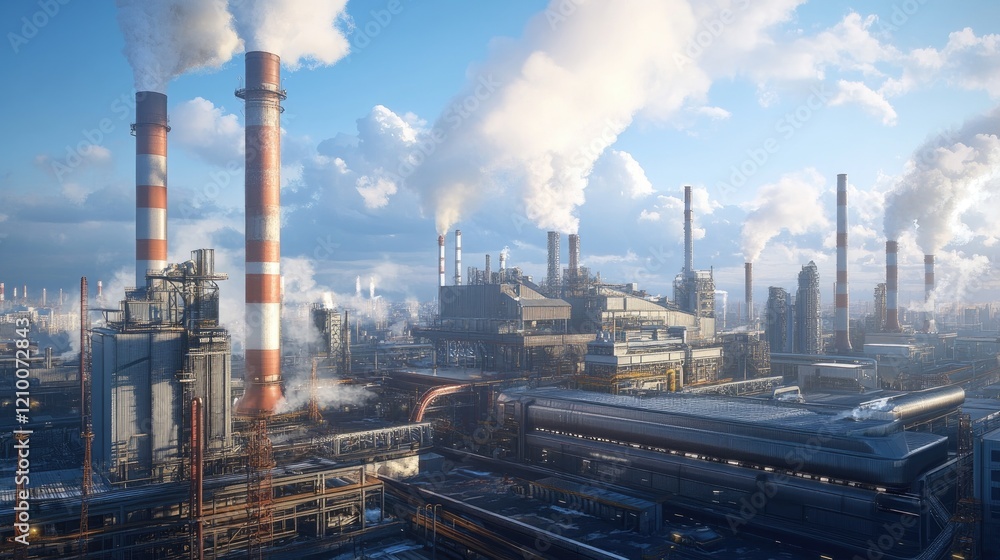 Futuristic power plant with smoking stacks and blue sky, highlighting efficient design and industrial technology at scale. Futuristic power plant with smoking stacks and blue sky, highlighting efficient design and industrial technology at scale.
