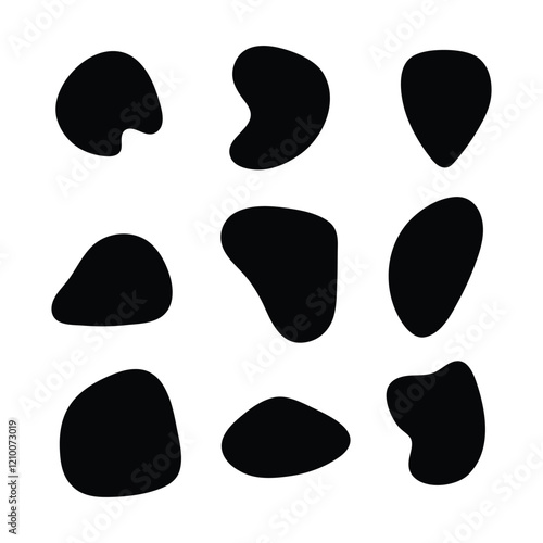 Drop of liquid, fluid, Ink stain. random blotch, inkblot, pebble stone shapes, stone silhouette. simple rounded. smooth gel. freeform cow or dalmatian stains