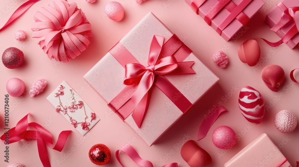Close-up of a Pink Gift Box Surrounded by Festive Decorations Close-up of a Pink Gift Box Surrounded by Festive Decorations