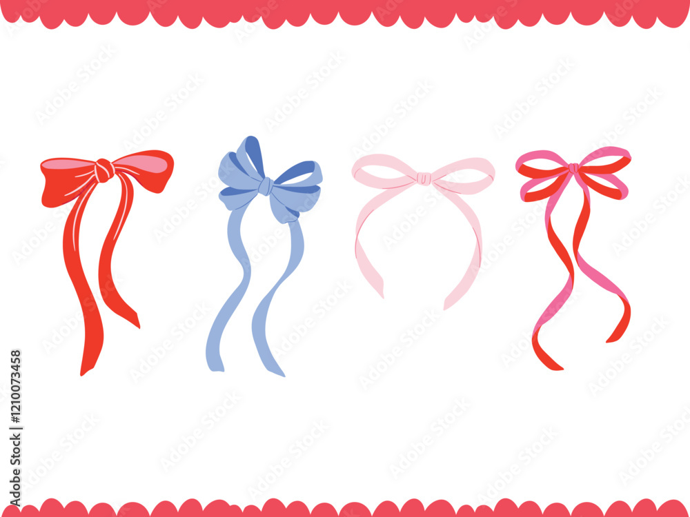 Hand-drawn Colorful set of cute Ribbon Bows in girly coquette aesthetic. Vector clipart illustration for cards, invites, posters and labels. Hand-drawn Colorful set of cute Ribbon Bows in girly coquette aesthetic. Vector clipart illustration for cards, invites, posters and labels.