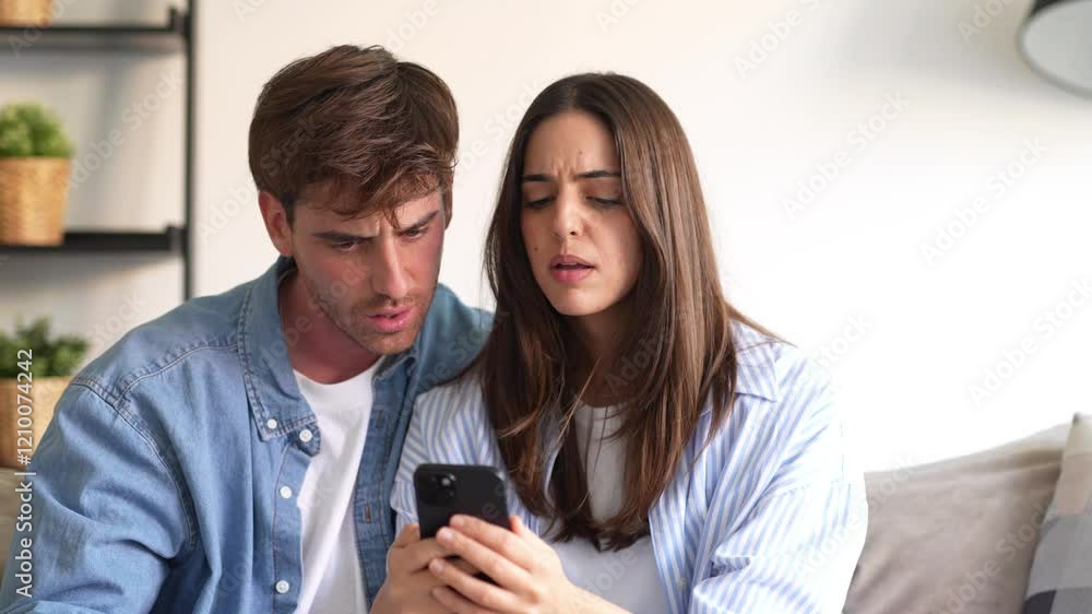 Shocked caucasian man and woman looking at phone close up, unhappy couple receive bad news in email, debt notification from bank, loosing money in mobile app, problem with broken cellphone
Shocked caucasian man and woman looking at phone close up, unhappy couple receive bad news in email, debt notification from bank, loosing money in mobile app, problem with broken cellphone