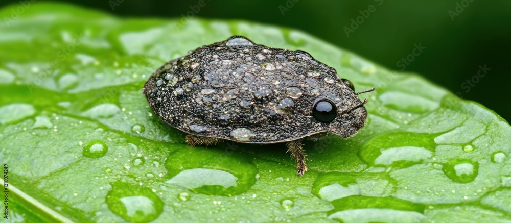 Obraz premium Dew-covered beetle on leaf, green background, nature macro