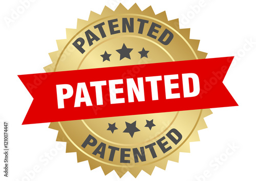 patented. patented round red and gold label isolated on transparent background