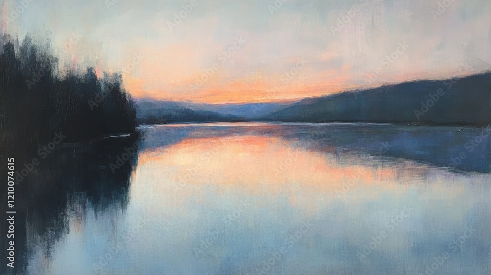 Fototapeta premium Serene lakeside view at sunset reflecting soft hues and tranquil waters