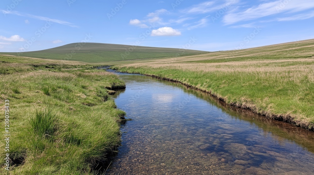 A bright green meadow with a clear stream running through it under a sunny sky. A bright green meadow with a clear stream running through it under a sunny sky.